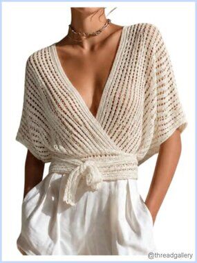 Half Sleeve Crochet Cardigan Sweater Crop Tie Wrap Top